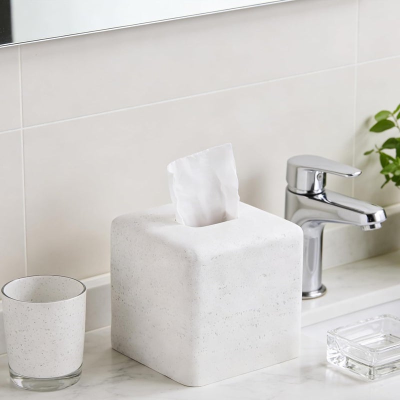 Polytree White Sandstone Tissue Box Cover Square for Home Decor,Resin Heavy Tissue Box Holder for Bathroom Countertop,Tabletop,Bedside Table,Office (Handmade of Resin) - Image 4
